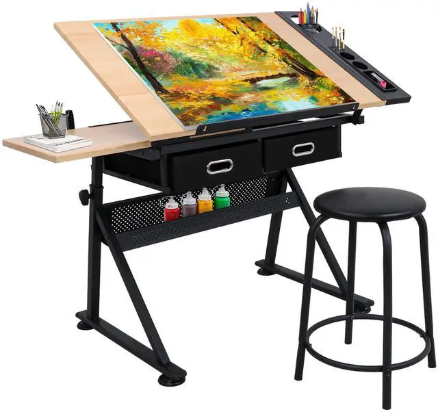 Main image of Adjustable Height Drafting Desk Drawing Table Tiltable Tabletop for Reading, Writing Art Craft w/Stool and Drawers