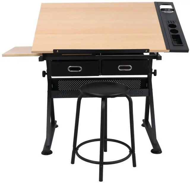 Alt view image 3 of 6 - Adjustable Height Drafting Desk Drawing Table Tiltable Tabletop for Reading, Writing Art Craft w/Stool and Drawers