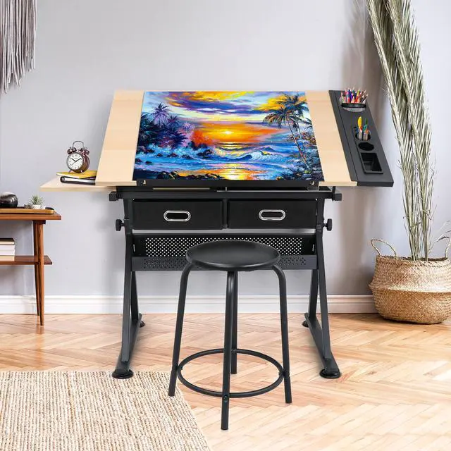 Alt view image 6 of 6 - Adjustable Height Drafting Desk Drawing Table Tiltable Tabletop for Reading, Writing Art Craft w/Stool and Drawers