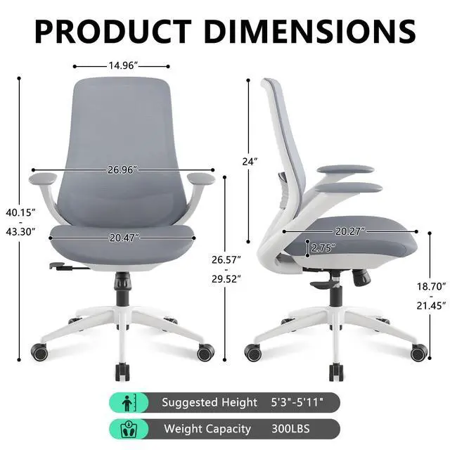 Alt view image 3 of 6 - Ergonomic Office Chair, High Back Mesh Desk Chair with Lumbar Support, 360° Swivel & Slide-Adjustable Arms, Tilt Lock and Recline, Breathable Task Chair for Home Office & Gaming (Grey)