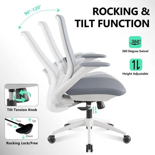 Alt view image 6 of 6 - Ergonomic Office Chair, High Back Mesh Desk Chair with Lumbar Support, 360° Swivel & Slide-Adjustable Arms, Tilt Lock and Recline, Breathable Task Chair for Home Office & Gaming (Grey)