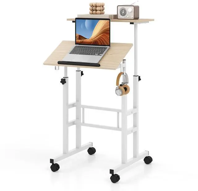 Main image of Mobile Standing Desk, Height-Adjustable Laptop Podium Cart with Tilting Tabletop & Adjustable Angle, Rolling Stand Up Computer Desk with 2 Hanging Hooks & Lockable Casters for Home Office