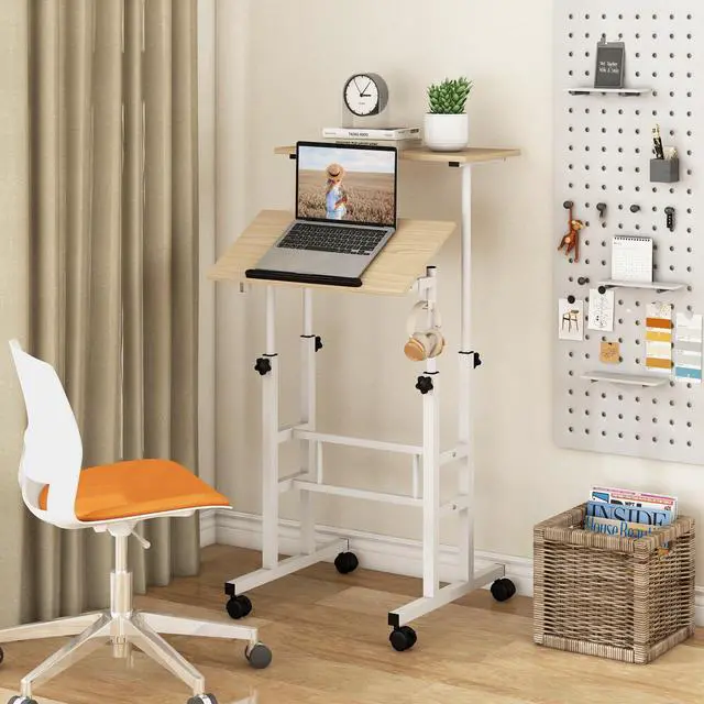 Alt view image 2 of 6 - Mobile Standing Desk, Height-Adjustable Laptop Podium Cart with Tilting Tabletop & Adjustable Angle, Rolling Stand Up Computer Desk with 2 Hanging Hooks & Lockable Casters for Home Office