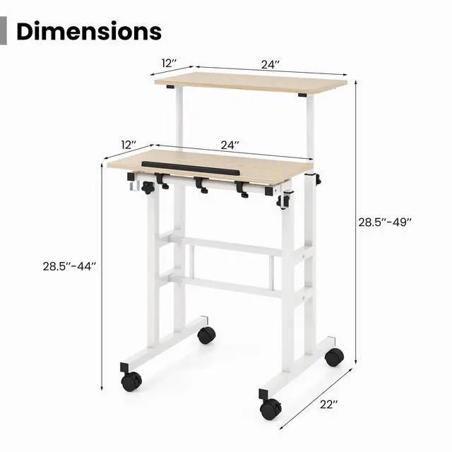Alt view image 3 of 6 - Mobile Standing Desk, Height-Adjustable Laptop Podium Cart with Tilting Tabletop & Adjustable Angle, Rolling Stand Up Computer Desk with 2 Hanging Hooks & Lockable Casters for Home Office