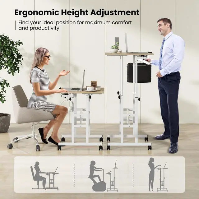 Alt view image 4 of 6 - Mobile Standing Desk, Height-Adjustable Laptop Podium Cart with Tilting Tabletop & Adjustable Angle, Rolling Stand Up Computer Desk with 2 Hanging Hooks & Lockable Casters for Home Office