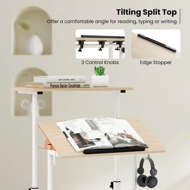 Alt view image 5 of 6 - Mobile Standing Desk, Height-Adjustable Laptop Podium Cart with Tilting Tabletop & Adjustable Angle, Rolling Stand Up Computer Desk with 2 Hanging Hooks & Lockable Casters for Home Office