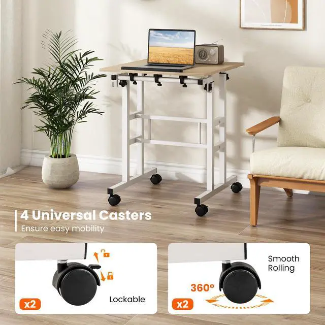 Alt view image 6 of 6 - Mobile Standing Desk, Height-Adjustable Laptop Podium Cart with Tilting Tabletop & Adjustable Angle, Rolling Stand Up Computer Desk with 2 Hanging Hooks & Lockable Casters for Home Office