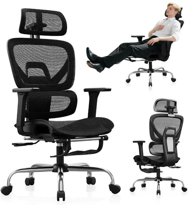 Main image of Ergonomic Office Chair with Footrest, Mesh Desk Chair with 135° Recline, Adjustable Lumbar Support, 3D Armrests and Headrest, Swivel Computer Chair for Home Office