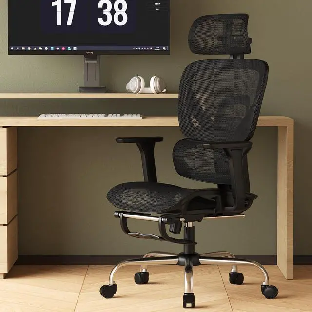 Alt view image 2 of 6 - Ergonomic Office Chair with Footrest, Mesh Desk Chair with 135° Recline, Adjustable Lumbar Support, 3D Armrests and Headrest, Swivel Computer Chair for Home Office