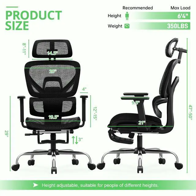 Alt view image 3 of 6 - Ergonomic Office Chair with Footrest, Mesh Desk Chair with 135° Recline, Adjustable Lumbar Support, 3D Armrests and Headrest, Swivel Computer Chair for Home Office