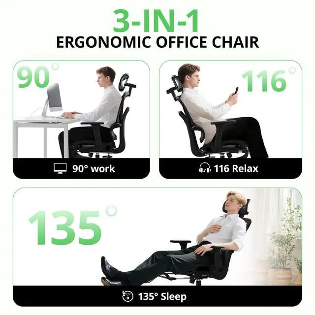 Alt view image 4 of 6 - Ergonomic Office Chair with Footrest, Mesh Desk Chair with 135° Recline, Adjustable Lumbar Support, 3D Armrests and Headrest, Swivel Computer Chair for Home Office