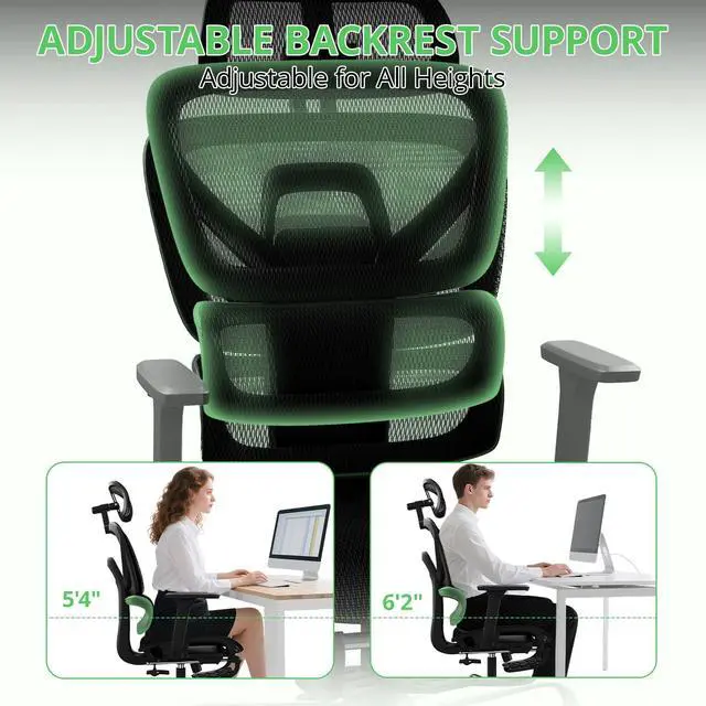 Alt view image 5 of 6 - Ergonomic Office Chair with Footrest, Mesh Desk Chair with 135° Recline, Adjustable Lumbar Support, 3D Armrests and Headrest, Swivel Computer Chair for Home Office