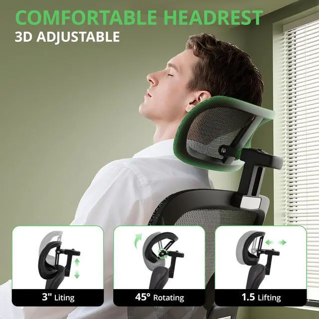 Alt view image 6 of 6 - Ergonomic Office Chair with Footrest, Mesh Desk Chair with 135° Recline, Adjustable Lumbar Support, 3D Armrests and Headrest, Swivel Computer Chair for Home Office