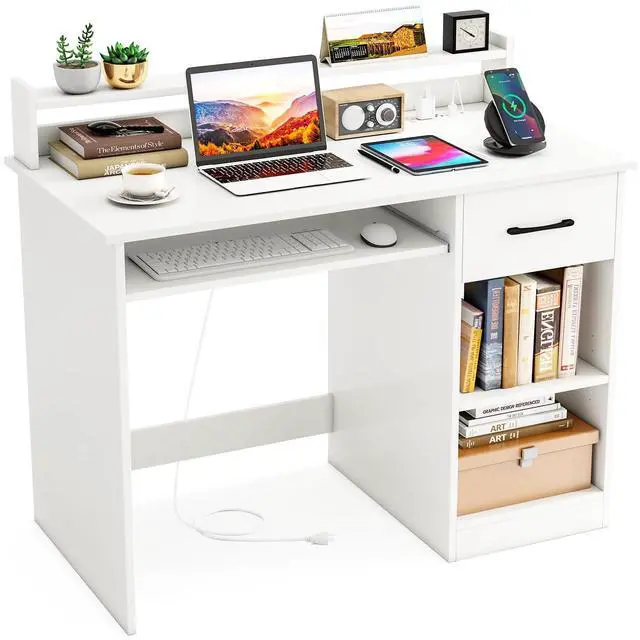 Main image of White Desk with Drawer & Keyboard Tray, Home Office Desk with Built-in Charge Station & Adjustable Shelf, Study Writing Table with Hutch, Modern Computer PC Workstation
