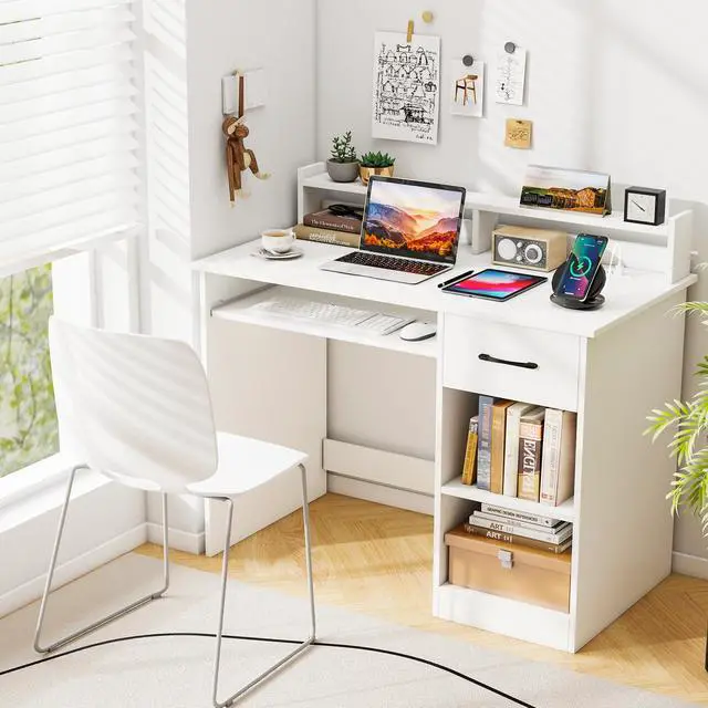 Alt view image 2 of 6 - White Desk with Drawer & Keyboard Tray, Home Office Desk with Built-in Charge Station & Adjustable Shelf, Study Writing Table with Hutch, Modern Computer PC Workstation