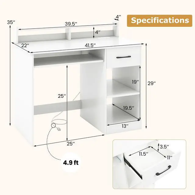 Alt view image 3 of 6 - White Desk with Drawer & Keyboard Tray, Home Office Desk with Built-in Charge Station & Adjustable Shelf, Study Writing Table with Hutch, Modern Computer PC Workstation