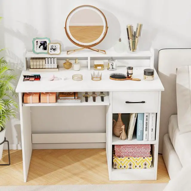 Alt view image 4 of 6 - White Desk with Drawer & Keyboard Tray, Home Office Desk with Built-in Charge Station & Adjustable Shelf, Study Writing Table with Hutch, Modern Computer PC Workstation