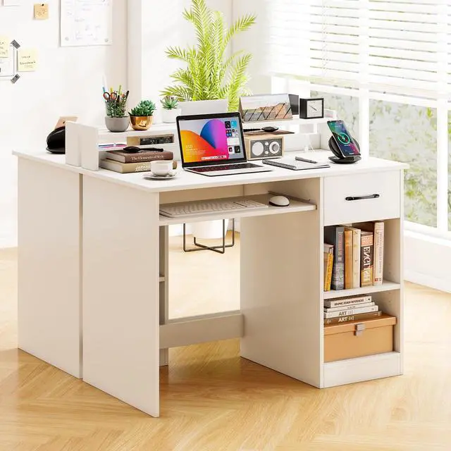 Alt view image 5 of 6 - White Desk with Drawer & Keyboard Tray, Home Office Desk with Built-in Charge Station & Adjustable Shelf, Study Writing Table with Hutch, Modern Computer PC Workstation