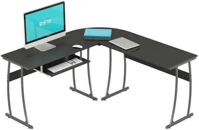 Main image of L Shaped Modern Computer Home Office Gaming Desk with Keyboard Tray and Cable Management, Easy Assembly, Black