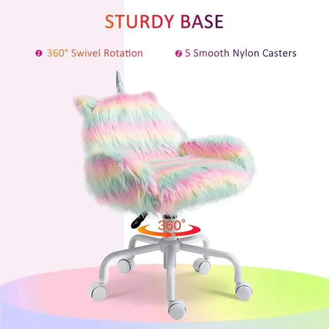 Alt view image 6 of 6 - Fluffy Unicorn Office Chair, Mid-Back Support, Rainbow | with Armrest Support, 5 Star Swivel Wheel, White Base