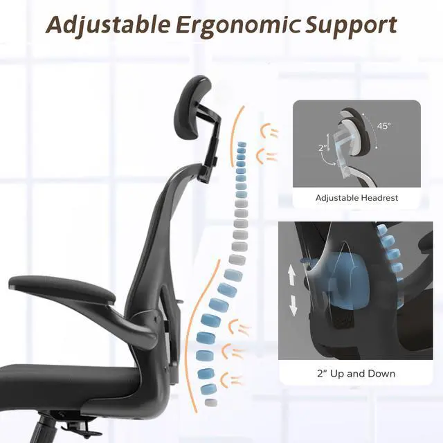 Alt view image 3 of 6 - Drafting Chair, Ergonomic Tall Office Chairs for Standing Desk, Home Office Desk Chair with Lumbar Support and Adjustable Flip-up Armrests & footrest (02Black)