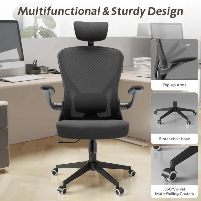Alt view image 4 of 6 - Drafting Chair, Ergonomic Tall Office Chairs for Standing Desk, Home Office Desk Chair with Lumbar Support and Adjustable Flip-up Armrests & footrest (02Black)