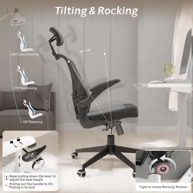 Alt view image 6 of 6 - Drafting Chair, Ergonomic Tall Office Chairs for Standing Desk, Home Office Desk Chair with Lumbar Support and Adjustable Flip-up Armrests & footrest (02Black)