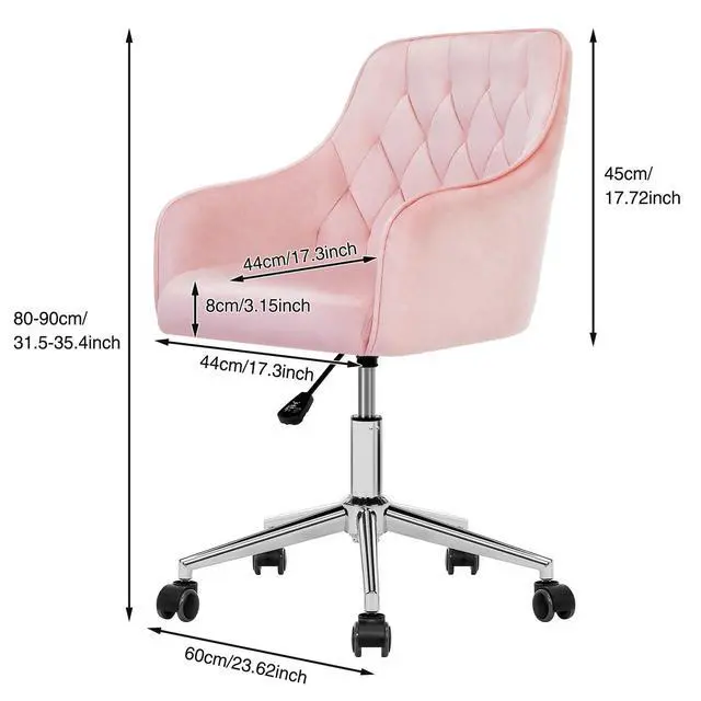 Alt view image 2 of 5 - Velvet Office Chair Cute Vanity Chair with Wheels for Bedroom Upholstered Task Chair for Home Office (Pink)