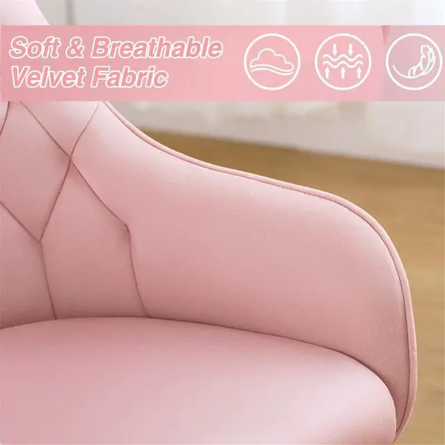 Alt view image 3 of 5 - Velvet Office Chair Cute Vanity Chair with Wheels for Bedroom Upholstered Task Chair for Home Office (Pink)
