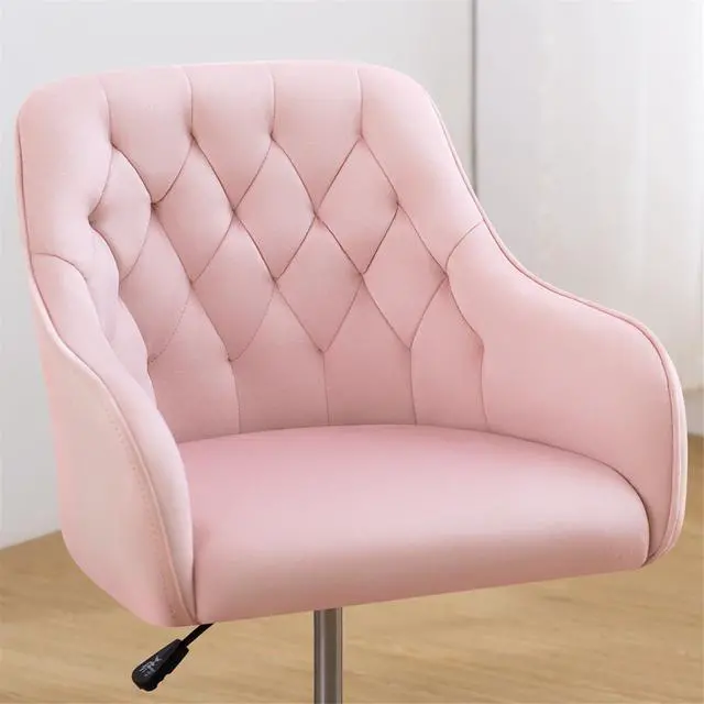Alt view image 5 of 5 - Velvet Office Chair Cute Vanity Chair with Wheels for Bedroom Upholstered Task Chair for Home Office (Pink)