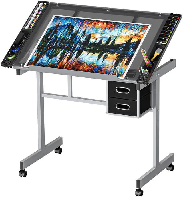 Main image of Drafting Table on Wheels with Storage Drawers, Adjustable Glass Tabletop, Craft Table Drawing Desk Artist Hobby Table for Painting, Drawing, Crafting