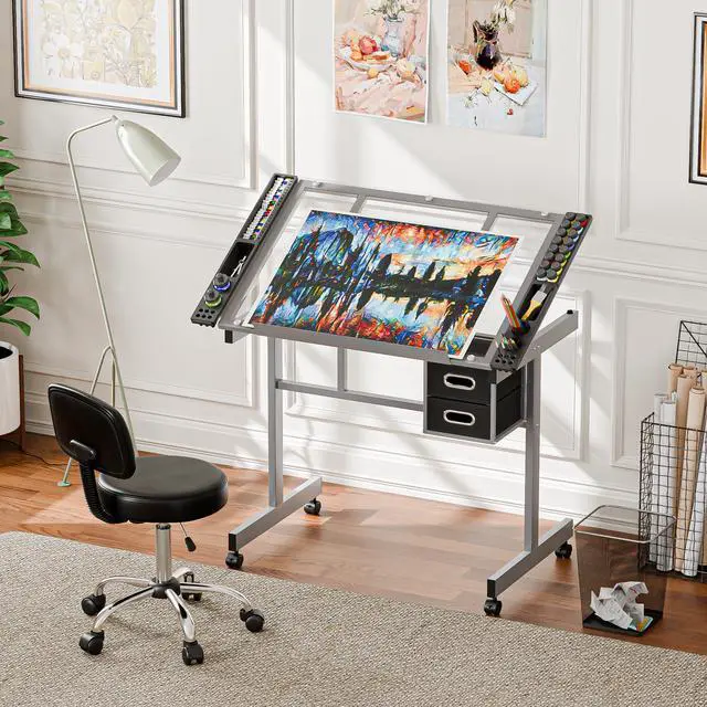 Alt view image 2 of 6 - Drafting Table on Wheels with Storage Drawers, Adjustable Glass Tabletop, Craft Table Drawing Desk Artist Hobby Table for Painting, Drawing, Crafting