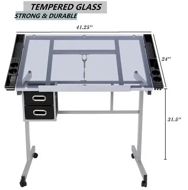 Alt view image 3 of 6 - Drafting Table on Wheels with Storage Drawers, Adjustable Glass Tabletop, Craft Table Drawing Desk Artist Hobby Table for Painting, Drawing, Crafting