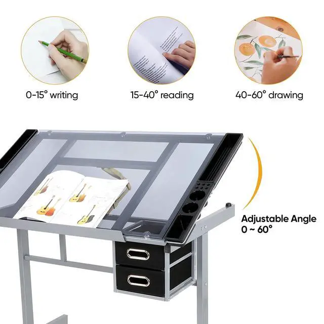 Alt view image 4 of 6 - Drafting Table on Wheels with Storage Drawers, Adjustable Glass Tabletop, Craft Table Drawing Desk Artist Hobby Table for Painting, Drawing, Crafting