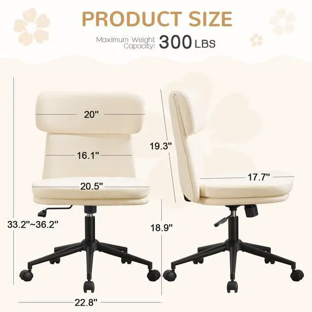 Alt view image 2 of 6 - Armless Office Chair, Upholstered Chenille Desk Chair with Wheels, Adjustable Swivel Computer Vanity Chair with Double-Layer Cushion, Beige