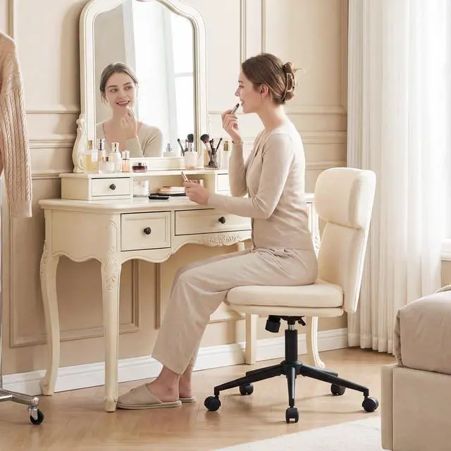 Alt view image 3 of 6 - Armless Office Chair, Upholstered Chenille Desk Chair with Wheels, Adjustable Swivel Computer Vanity Chair with Double-Layer Cushion, Beige