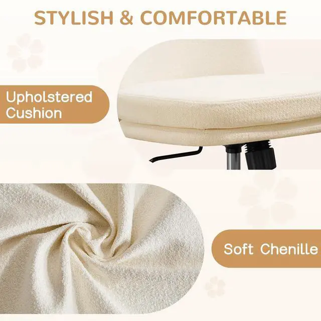 Alt view image 4 of 6 - Armless Office Chair, Upholstered Chenille Desk Chair with Wheels, Adjustable Swivel Computer Vanity Chair with Double-Layer Cushion, Beige