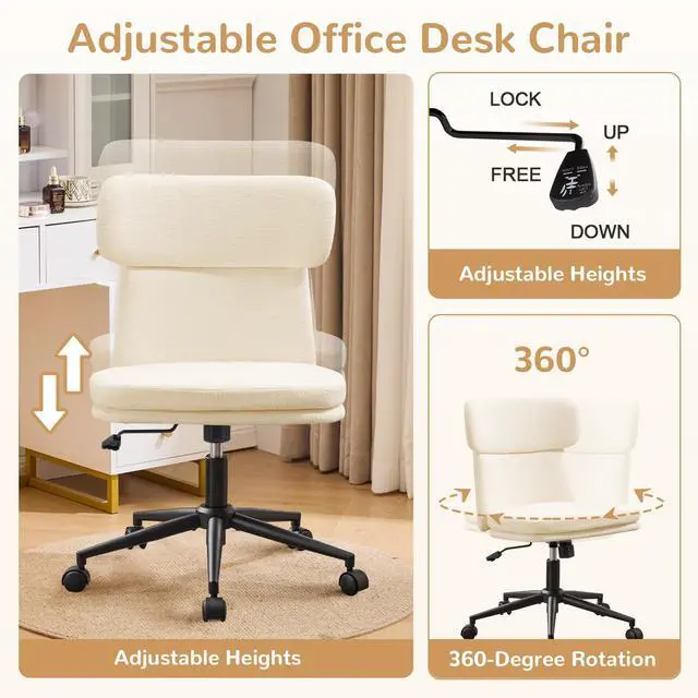 Alt view image 5 of 6 - Armless Office Chair, Upholstered Chenille Desk Chair with Wheels, Adjustable Swivel Computer Vanity Chair with Double-Layer Cushion, Beige