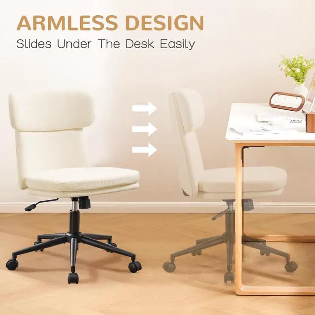 Alt view image 6 of 6 - Armless Office Chair, Upholstered Chenille Desk Chair with Wheels, Adjustable Swivel Computer Vanity Chair with Double-Layer Cushion, Beige
