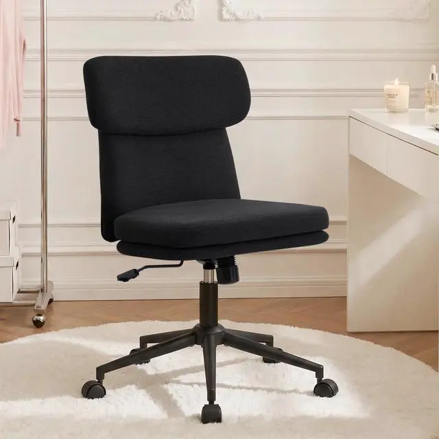 Main image of Armless Office Chair, Upholstered Chenille Desk Chair with Wheels, Adjustable Swivel Computer Vanity Chair with Double-Layer Cushion, Black