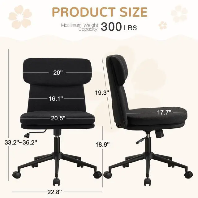 Alt view image 2 of 6 - Armless Office Chair, Upholstered Chenille Desk Chair with Wheels, Adjustable Swivel Computer Vanity Chair with Double-Layer Cushion, Black