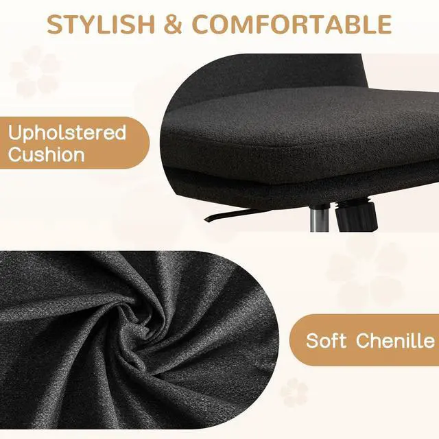 Alt view image 4 of 6 - Armless Office Chair, Upholstered Chenille Desk Chair with Wheels, Adjustable Swivel Computer Vanity Chair with Double-Layer Cushion, Black