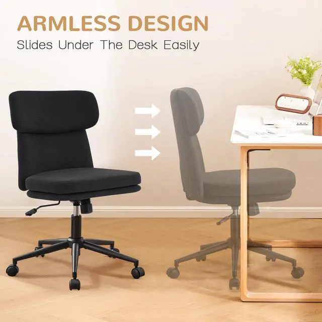 Alt view image 5 of 6 - Armless Office Chair, Upholstered Chenille Desk Chair with Wheels, Adjustable Swivel Computer Vanity Chair with Double-Layer Cushion, Black