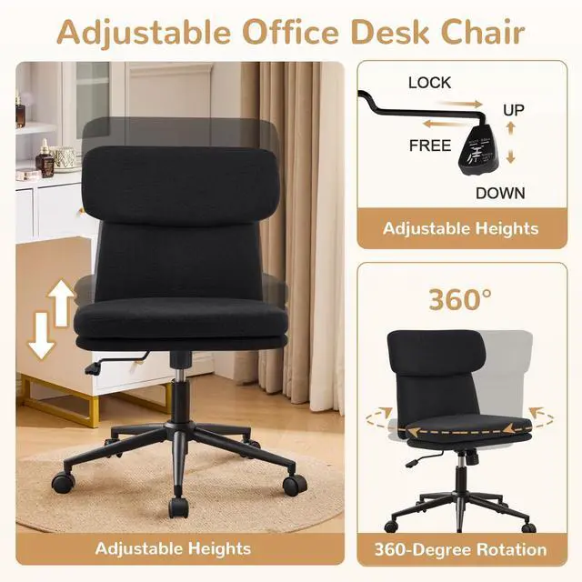 Alt view image 6 of 6 - Armless Office Chair, Upholstered Chenille Desk Chair with Wheels, Adjustable Swivel Computer Vanity Chair with Double-Layer Cushion, Black