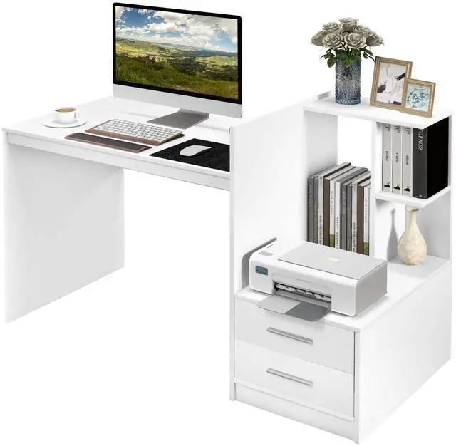 Main image of White Desk with 2 Storage Drawers & Bookshelf, Home Office Desk with Corner Bookshelf & Printer Stand, Small Writing Study Desk for Small Space, Modern Vanity Table for Bedroom (White)