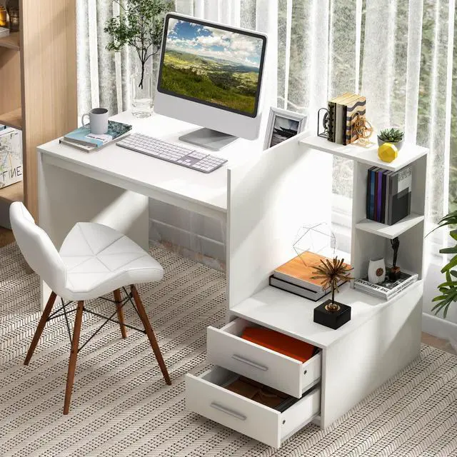 Alt view image 2 of 6 - White Desk with 2 Storage Drawers & Bookshelf, Home Office Desk with Corner Bookshelf & Printer Stand, Small Writing Study Desk for Small Space, Modern Vanity Table for Bedroom (White)