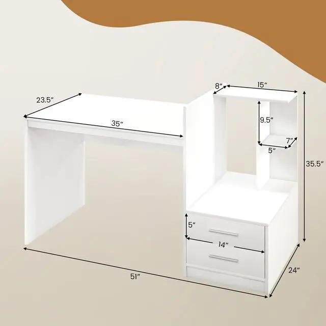 Alt view image 3 of 6 - White Desk with 2 Storage Drawers & Bookshelf, Home Office Desk with Corner Bookshelf & Printer Stand, Small Writing Study Desk for Small Space, Modern Vanity Table for Bedroom (White)