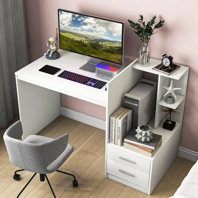 Alt view image 4 of 6 - White Desk with 2 Storage Drawers & Bookshelf, Home Office Desk with Corner Bookshelf & Printer Stand, Small Writing Study Desk for Small Space, Modern Vanity Table for Bedroom (White)