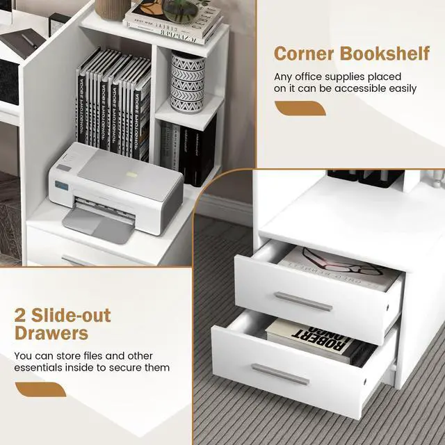 Alt view image 5 of 6 - White Desk with 2 Storage Drawers & Bookshelf, Home Office Desk with Corner Bookshelf & Printer Stand, Small Writing Study Desk for Small Space, Modern Vanity Table for Bedroom (White)