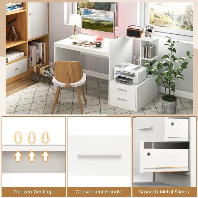 Alt view image 6 of 6 - White Desk with 2 Storage Drawers & Bookshelf, Home Office Desk with Corner Bookshelf & Printer Stand, Small Writing Study Desk for Small Space, Modern Vanity Table for Bedroom (White)
